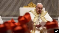 FILE - Pope Francis delivers his speech as he presides over the First Vespers and Te Deum, the rite of thanksgiving for the end of the year, in Saint Peter's Basilica at the Vatican, December 31, 2023.