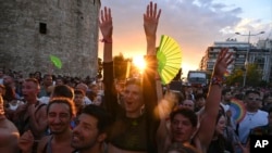 Revelers take part in EuroPride, a pan-European international LGBTQ event featuring a Pride parade which is hosted in a different European city each year, in the northern port city of Thessaloniki, Greece, June 29, 2024. 