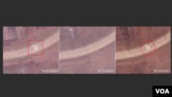 북한이 지난해 11월 18일과 이달 18일 ICBM을 발사한 것으로 추정되는 지점을 촬영한 위성사진. 지난해 11월 발사 직후 나타난 하얀색 지대(사각형 안)가 2월 16일 자 위성사진에선 보이지 않지만, 이달 20일엔 새로운 모양(원 안)으로 다시 나타난다. 사진=Planet Labs