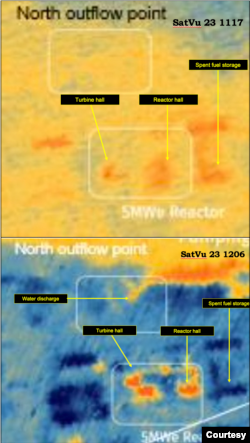 지난해 11월 17일과 12월 6일 촬영한 5MW 원자로 열화상 이미지. 원자로(Reactor)와 터빈 홀(Turbine Hall)가 가동 중임을 보여준다. 올리 하이노넨 스팀슨센터 특별연구원 제공. 사진 = SatVu.