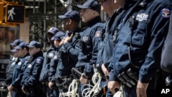 New York Police Department officers during a news conference regarding the ongoing pro-Palestinian protest encampment at Columbia University in New York, April 22, 2024.