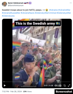 Footage using Swedish service members participating in a Pride parade to characterize the military as “weak” and not a NATO asset; Photo credit: X