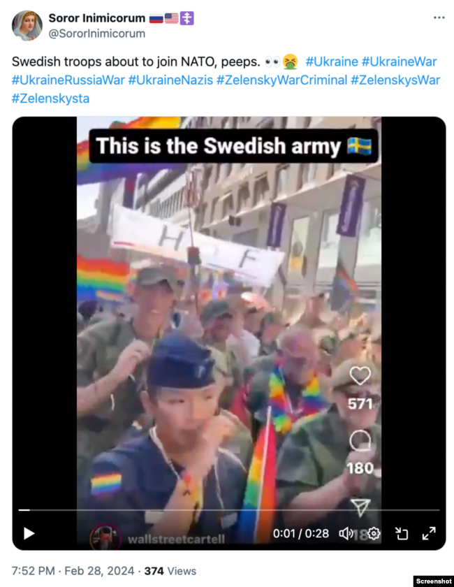 Відео, на якому шведські військовослужбовці беруть участь у Марші рівності, щоб охарактеризувати військових як "слабких", а не активів НАТО. Фото: X