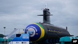 The Tonelero submarine, made in Brazil with French technology, is on display during its launch ceremony in Itaguai, Rio de Janeiro state, Brazil, March 27, 2024. 