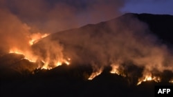 Api yang berkobar sejak pertengahan Agustus menghanguskan pegunungan saat musim kemarau di Taman Nasional Bromo Tengger Semeru, Jawa Timur, 9 September 2023. Kebakaran terjadi sejak 17 Agustus 2023. (Aman ROCHMAN / AFP)