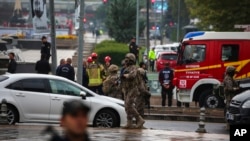 Turkish security forces cordon off an area after an explosion in Ankara, Oct. 1, 2023. 