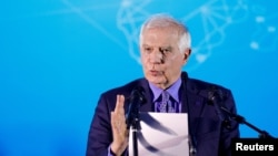 European Union foreign policy chief Josep Borrell holds a news conference following meetings with Serbian President Aleksandar Vucic and Kosovar Prime Minister Albin Kurti, in Ohrid, North Macedonia, March 18, 2023.