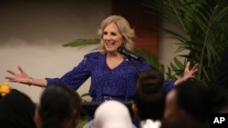 FILE - First lady of the United States Jill Biden speaks as she meets Kenyan women leaders at the U.S. ambassador's residence in Nairobi, Kenya, Feb. 24, 2023.