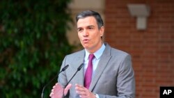 FILE - Spanish Prime Minister Pedro Sanchez delivers a statement at the Moncloa Palace in Madrid, Spain on Tuesday, June 22, 2021.