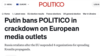 Screenshot of Politico webpage, June 25, 2024. Russia said Tuesday it was banning access in Russia to the broadcasts of 81 media outlets from the European Union — including Agence France-Presse and Politico — in retaliation for a similar EU ban on several Russian media outlets. 
