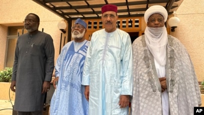 From left; ECOWAS Commission President Mousa Tourey, ECOWAS Special Envoy to Republic of Niger General Abdulsalami Abubakar, ousted Niger President Mohamed Bazoum, and Sultan of Sokoto Alhaji Muhammad Saad Abubakar III, in Niamey, Niger, Aug. 19, 2023.