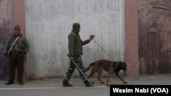Paramilitary forces use sniffer dogs outside Bakshi Stadium ahead of Prime Minister Narendra Modi’s visit to the Indian side of Kashmir, March 5, 2024.