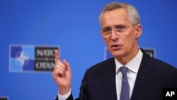 NATO Secretary-General Jens Stoltenberg speaks during a media conference ahead of a meeting of NATO defense ministers at NATO headquarters in Brussels, Feb. 13, 2023.