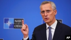 NATO Secretary-General Jens Stoltenberg speaks during a media conference ahead of a meeting of NATO defense ministers at NATO headquarters in Brussels, Feb. 13, 2023.