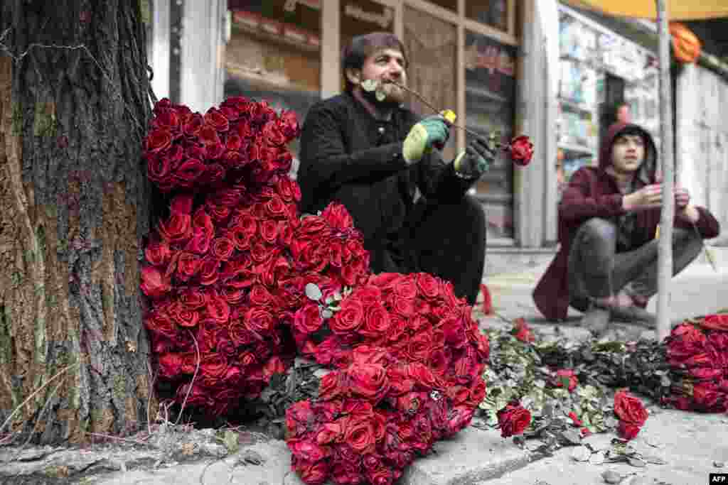 Авганистански продавачи со рози чекаат купувачи за Денот на вљубените во областа Шар-е-Нау во Кабул.