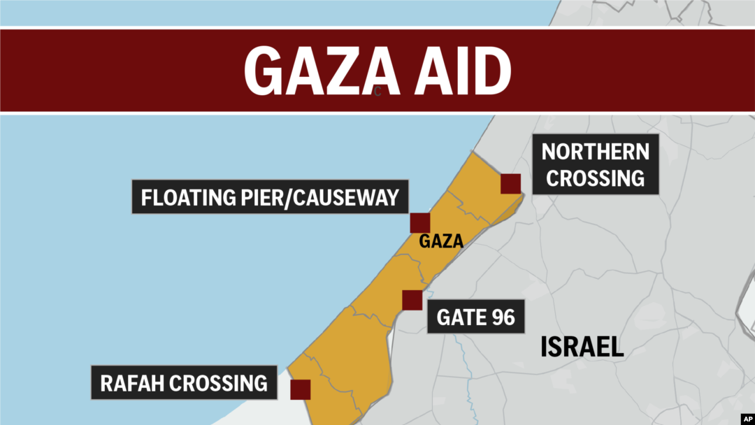 Peta yang menunjukkan lokasi dermaga yang dibuat untuk meningkatkan bantuan masuk ke Gaza. (Foto: AP)