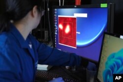Naixin Qian, ahli kimia fisik Columbia, memperbesar gambar yang dihasilkan dari pemindaian mikroskop, dengan nanoplastik, potongan plastik mikroskopis, yang muncul sebagai titik merah terang di New York, Senin, 8 Januari 2024. (AP/Mary Conlon)
