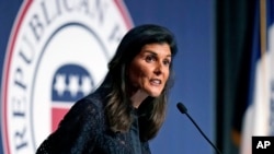 FILE - Former U.N. Ambassador and former South Carolina Governor Nikki Haley speaks during the Iowa Republican Party's Lincoln Dinner in West Des Moines, Iowa, June 24, 2021.