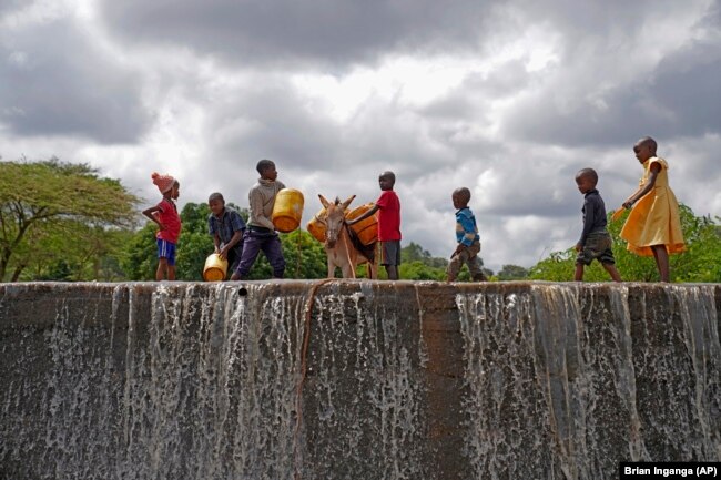 Children fill cans with water from a sand dam in Makueni County, Kenya, on Friday, March 1, 2024. (AP Photo/Brian Inganga)