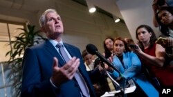 House Speaker Kevin McCarthy briefs reporters following a closed-door Republican Conference meeting on how to agree on a path to fund the government past a Sept. 30 deadline, at the Capitol in Washington, Sept. 19, 2023.