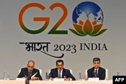 Conferencia de prensa en el Centro Internacional de Medios en vísperas de la cumbre del G20 de dos días en Nueva Delhi el 8 de septiembre de 2023. (Foto de TAUSEEF MUSTAFA / AFP)