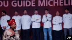 FILE - Georgiana Viou speaks during the 2023 Michelin Guide ceremony in Strasbourg, eastern France, Monday, March 6, 2023.