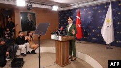 The leader of Turkey's IYI Party, Meral Aksener, makes a statement at the party headquarters in Ankara, Turkey on March 3, 2023.