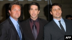 FILE — Actors Matthew Perry, left, David Schwimmer, center, and Matt Leblanc in Pasadena, California, Jan. 12, 2002. Perry was found dead of an apparent drowning at his home in Los Angeles, California, on Oct. 28, 2023.