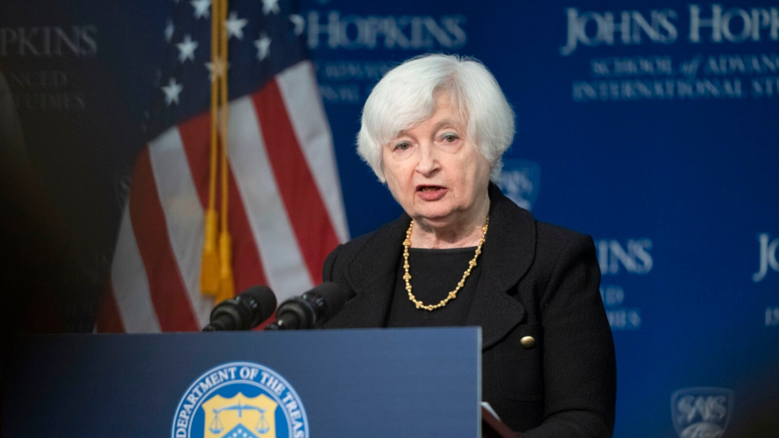 Treasury Secretary Janet Yellen speaks on the US-China economic relationship at Johns Hopkins University School of Advanced International Studies, April 20, 2023, in Washington. 