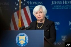 FILE - Treasury Secretary Janet Yellen speaks on the U.S.-China economic relationship at Johns Hopkins University School of Advanced International Studies, in Washington, April 20, 2023.