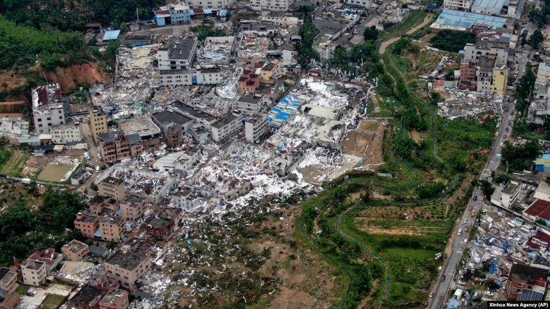 An aerial view shows damaged buildings in the aftermath of a tornado in Guangming Village of Zhongluotan Town, Baiyun District, Guangzhou, south China's Guangdong Province, April 28, 2024.