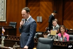 Rep. Matt Gress, R-Scottsdale, speaks on the House floor prior to the vote on the proposed repeal of Arizona's near-total ban on abortions, April 24, 2024, in Phoenix. Gress and two other Republicans crossed party lines to vote in favor of the repeal.