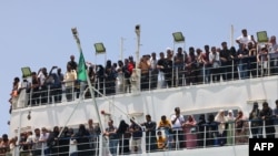 FILE: A ferry transports some 1900 evacuees across the Red Sea from Port Sudan to the Saudi King Faisal navy base in Jeddah, on April 29, 2023, during evacuation efforts of people fleeing Sudan.