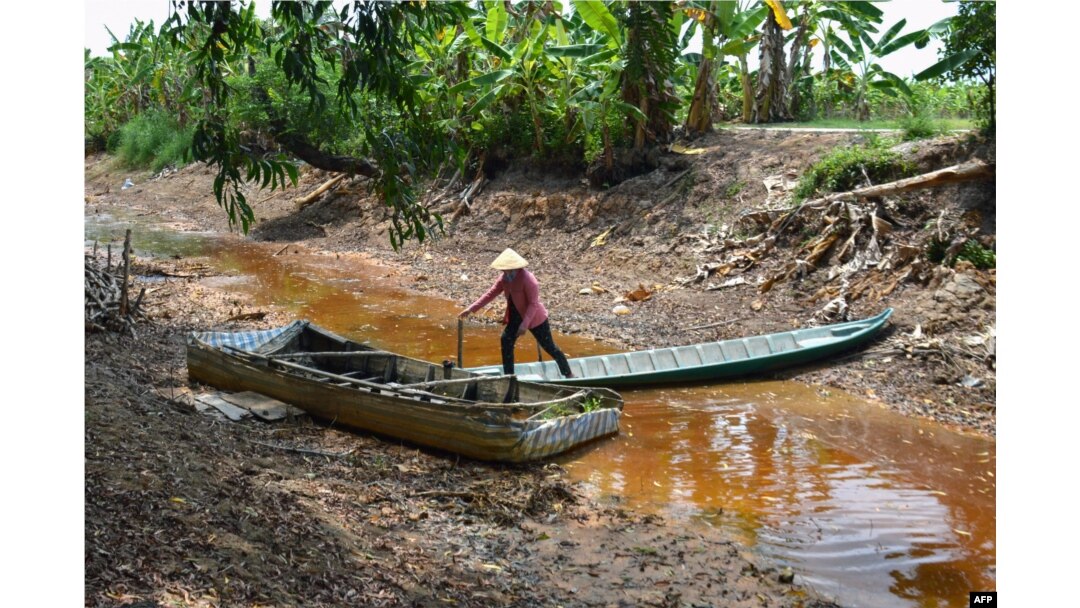 Seorang petani melintasi kanal yang hampir kering seluruhnya di provinsi Ca Mau, Vietnam selatan, di tengah gelombang panas yang berkepanjangan, 23 Februari 2024. (Tan Dien / AFP)