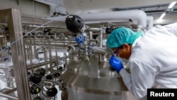 FILE - Founder & CEO Uma Valeti peers into one of the cultivation tanks at the Upside Foods plant, where lab-grown meat is cultivated, in Emeryville, California, Jan. 11, 2023.