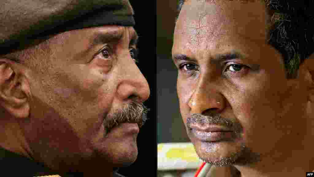 File photos of Sudan&#39;s Army chief Abdel Fattah al-Burhan (L) and Sudan&#39;s paramilitary Rapid Support Forces commander, General Mohamed Hamdan Dagalo (Hemedti) (R). Fighting in Sudan raged for a second day on April 16 after deadly battles between the rival generals killed tens of people and wounded nearly 600, sparking international alarm. (AFP)