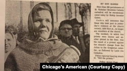 На фото из газеты Chicago's American одна из участниц беспорядков с пустой бутылкой для освященной воды, которую она не смогла получить 19 января 1968 года.