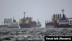 (FILE) Vessels wait for inspection under United Nation's Black Sea Grain Initiative in Turkey.