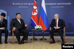FILE - Russia's President Vladimir Putin and North Korea's leader Kim Jong Un attend a meeting in the far eastern Amur region, Russia, Sept. 13, 2023, in this image released by North Korea's Korean Central News Agency.