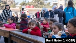 UNICEF-supported child protection mobile team organized recreational activities for children in a shelter in Aleppo city on Feb. 20, 2023, after a devastating earthquake had struck the city. (Photo courtesy UNICEF)