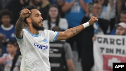 Pierre-Emerick Aubameyang célèbre son lors du match entre l'Olympique de Marseille et le FC Lorient, le 12 mai 2024.