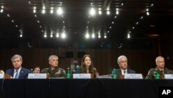 Top U.S. intelligence officials, with Director of National Intelligence Avril Haines in the center, appear before a Senate Intelligence Committee hearing to examine worldwide threats, at the Capitol in Washington, March 8, 2023.