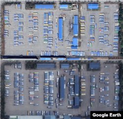 개성공단 버스 차고지를 촬영한 2023년 4월 20일(위)과 2021년 5월 5일(아래) 위성사진. 트럭의 수가 크게 줄어든 사실을 알 수 있다. 사진=Airbus(위), Maxar Technologies(아래) (via Google Earth)