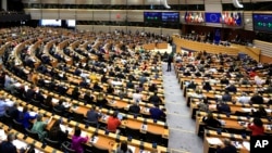 Члены Европейского парламента принимают участие в серии голосований во время пленарного заседания в Европейском парламенте в Брюсселе в среду, 10 апреля 2024 года.
