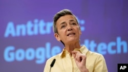 European Commissioner for Europe fit for the Digital Age Margrethe Vestager speaks during a media conference regarding an antitrust case against Google Adtech at EU headquarters in Brussels, June 14, 2023.