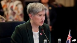 FILE - Australian Foreign Minister Penny Wong speaks during the ASEAN Post Ministerial Conference with Australia at the Association of Southeast Asian Nations (ASEAN) Foreign Ministers' Meeting in Jakarta, Indonesia, July 13, 2023. 