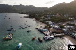This aerial photo taken on June 15, 2024 shows Mae Head pier on Koh Tao island in the southern Thai province of Surat Thani.