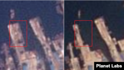 북한 통천항에 자리한 하층 지지대를 촬영한 위성사진. 1월 9일(왼쪽)까지만 해도 온전하던 지지대가 5월 3일(오른쪽) 사라진 사실을 알 수 있다. 사진=Planet Labs