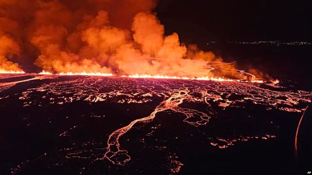 This image provided by Iceland Civil Defense shows lava erupting from a volcano between Hagafell and Stóri-Skógfell, Iceland, March 16, 2024. 