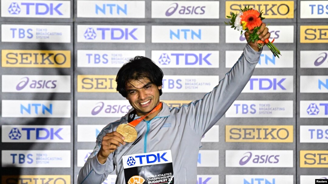 India's Neeraj Chopra celebrates winning gold in the men's javelin throw at the World Athletics Championship, Budapest, Hungary, Aug. 27, 2023.